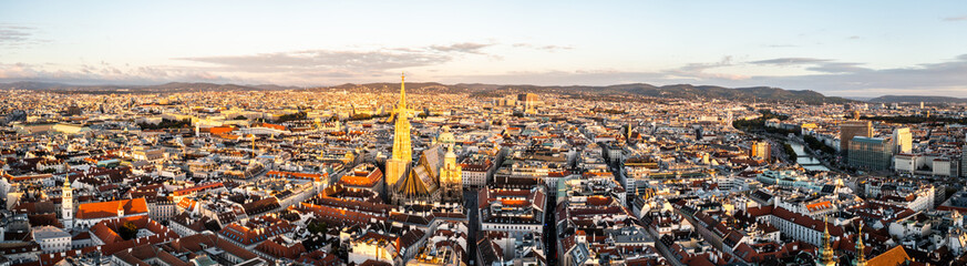 Fototapeta na wymiar Aerial Drone Photo - Sunrise over St. Stephens Cathedral. Vienna, Austria