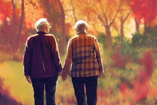 Middle age, mature, old couple walking in the autumn forest Elderly husband and wife character portrait, digital modern poster detailed image. Watercolor or acrylic style. 3D illustration