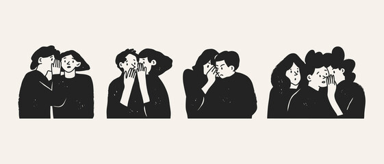 Set of various people whispering secrets into ears. Talking something to other person, gossip, rumor, secret concept. Hand drawn Vector illustration. Cartoon style. Cute isolated characters - obrazy, fototapety, plakaty