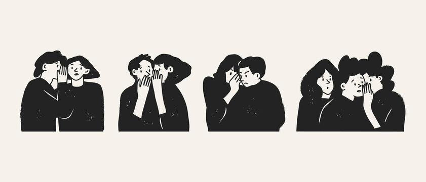 Set Of Various People Whispering Secrets Into Ears. Talking Something To Other Person, Gossip, Rumor, Secret Concept. Hand Drawn Vector Illustration. Cartoon Style. Cute Isolated Characters