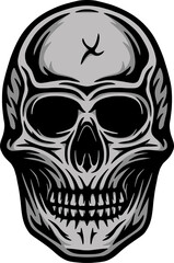 Vintage retro scary skull. Can be used like emblem, logo, badge, label. mark, poster or print. Monochrome Graphic Art. Hand drawn element in engraving style.	
