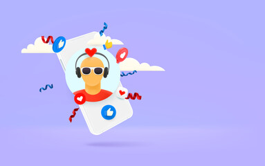 Smartphone with social media mobile app and account icon. Banner with copy space