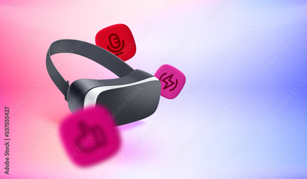 Aufkleber Modern video game VR mask with app icons. 3d vector banner with copy space