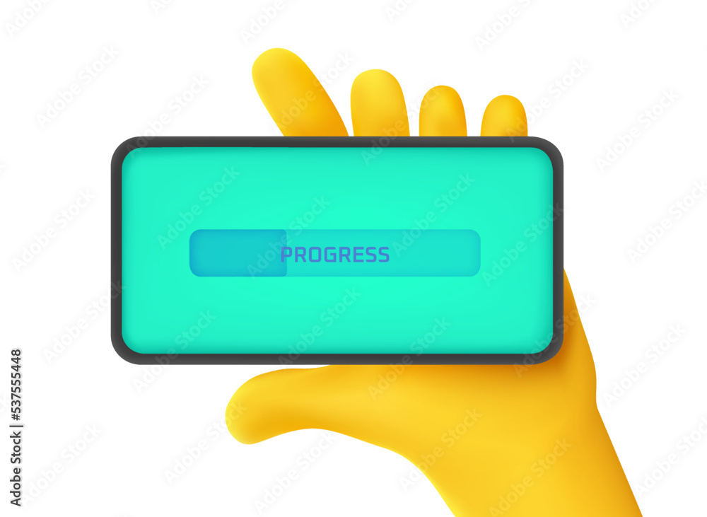 Aufkleber man holding modern smartphone with landscape orientation in a hand. loading information. 3d vector i