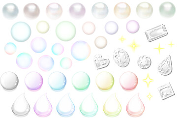 カラフルな半透明のアイコンセット（丸、真珠、雫、シャボン玉、宝石、キラキラ）