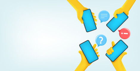 Group of people communicating with smartphones. Comic 3d style vector banner with copy space