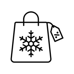 Winter discount sale icon with shopping bag snowflake and price tag in black outline style