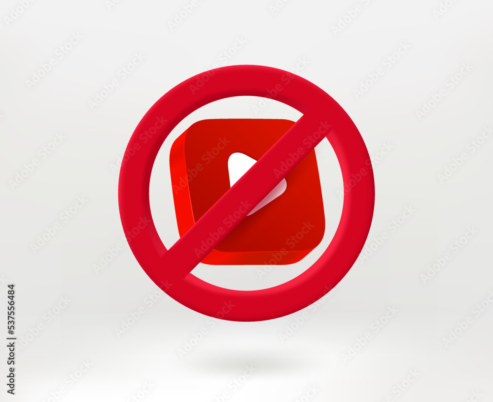 Poster no broadcasting concept with red button. 3d vector illustration