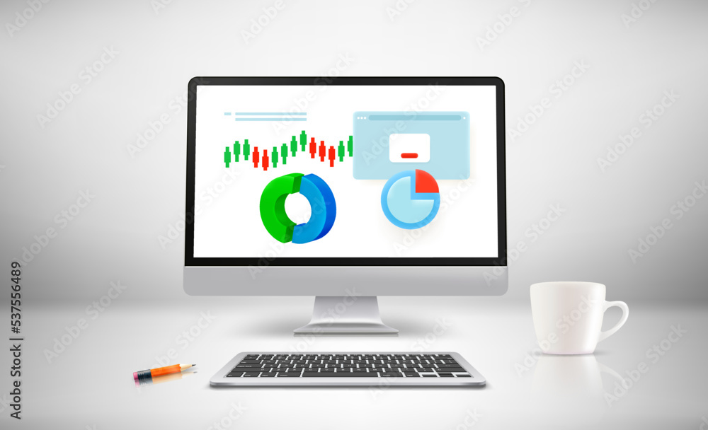 Poster White room with modern computer and charts on the screen. 3d vector illustration