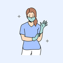 Nurse in protective mask puts on gloves. Hand drawn style vector design illustrations