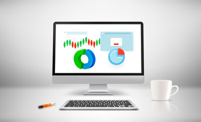 White room with modern computer and charts on the screen. 3d vector illustration