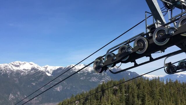 Pan left across the beautiful view over the landscape in Squamish, British Columbia, from the top of the Sea-to-Sky Gondola.