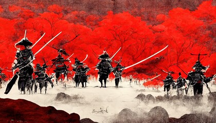 Anime style, Japanese samurai army fighting with enemy, large scene, battlefield, in Japanese black outline style and colors