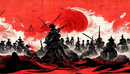 Anime style, Japanese samurai army fighting with enemy, large scene, battlefield, in Japanese black outline style and colors