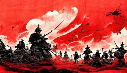 Anime style, Japanese samurai army fighting with enemy, large scene, battlefield, in Japanese black outline style and colors