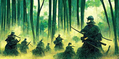 Anime style, Japanese samurai army fighting with enemy, large scene, battlefield, in Japanese black outline style and colors