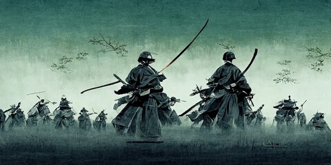 Anime style, Japanese samurai army fighting with enemy, large scene, battlefield, in Japanese black outline style and colors