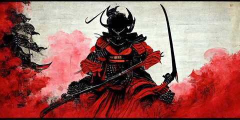 Japanese samurai illustration in japanese ink art, samurai fighting with demons fantasy story - obrazy, fototapety, plakaty