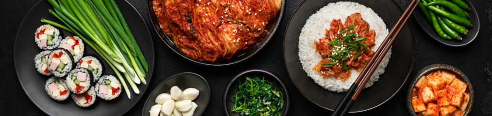 Korean food, Rice, kimchi, kimbap, pickled radish, vegetables and herbs, flat lay, banner