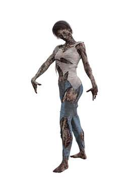 Horror fantasy zombie woman in torn clothes covered in blood. 3D rendering isolated.