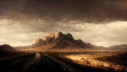 Foto op Plexiglas Prachtig landschap met bergen, zware wolken en een weg © DigitalGenetics