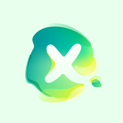 Obraz premium X letter logo in eco gradient splash blot with green leaf. Negative space environment friendly icon. Illusion effect emblem.