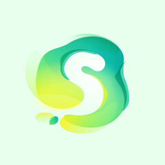 S letter logo in eco gradient splash blot with green leaf. Negative space environment friendly icon. Illusion effect emblem.