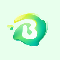 B letter logo in eco gradient splash blot with green leaf. Negative space environment friendly icon. Illusion effect emblem.