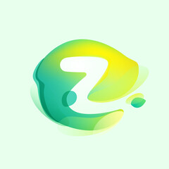 Z letter logo in eco gradient splash blot with green leaf. Negative space environment friendly icon. Illusion effect emblem.
