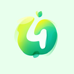 Number four logo in eco gradient splash blot with green leaf. Negative space environment friendly icon.