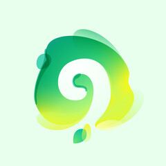 Number nine logo in eco gradient splash blot with green leaf. Negative space environment friendly icon.