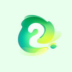Number two logo in eco gradient splash blot with green leaf. Negative space environment friendly icon.