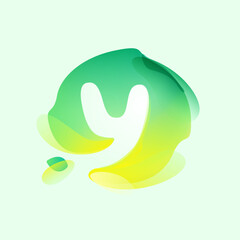Y letter logo in eco gradient splash blot with green leaf. Negative space environment friendly icon. Illusion effect emblem.