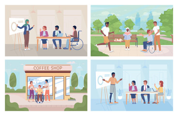 Work and life balance 2D vector isolated illustration set. Inclusion flat characters on cartoon background. Colourful editable scenes collection for mobile, website, presentation. Recursive font used