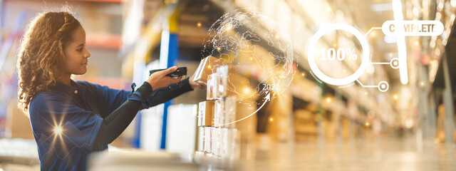 banner background of African American worker are working to check a e-commerce transportation box...