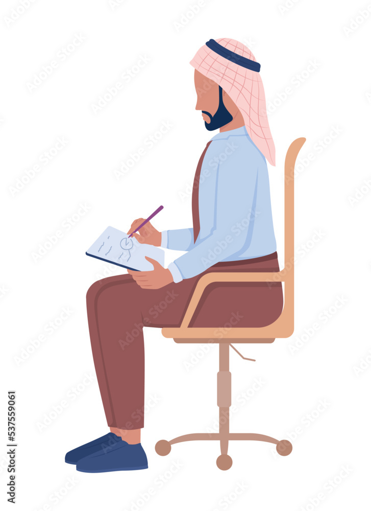 Poster man making notes semi flat color vector character. editable figure. full body person on white. busin