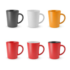 Illustration of Six Realistic Empty Ceramic Coffee Cup or Tea Mug. Mockup with Shadow Effect, and Copy Space for Your Design. For Web Design, and Printing on a White Backdrop