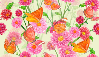 Fototapeta na wymiar A seamless floral texture with lovely bouquets of rosy marguerites and flying butterflies around. A fancy flower pink ornament. A vintage oriental pattern with colorful blossoms. Watercolor painting.