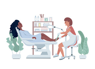 Pedicure procedure 2D vector isolated illustration. Beauty salon visitor flat characters on cartoon background. Feet treatment service colourful editable scene for mobile, website, presentation