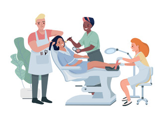 Complex beauty care 2D vector isolated illustration. Salon service flat characters on cartoon background. Makeup and pedicure colourful editable scene for mobile, website, presentation