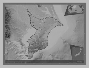 Chiba, Japan. Grayscale. Labelled points of cities