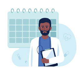 Book doctor appointment 2D vector isolated illustration. Regular examination flat character on cartoon background. Scheduling colourful editable scene for mobile, website, presentation
