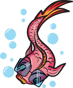 fish wearing glasses with bubbles vector illustration
