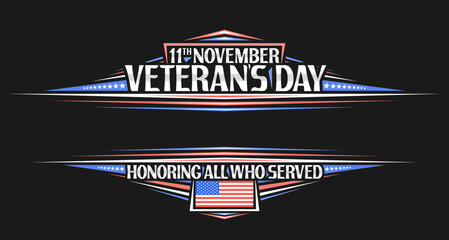 Vector border for Veteran's Day with blank copyspace for congratulations, greeting card with illustration of american flag, decorative stars and unique brush lettering for words veteran's day on dark