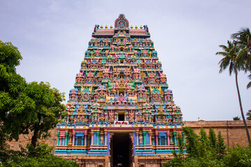 View of the main entrance tower of Jambukeswarar Temple, Thiruvanaikaval which represent element of...