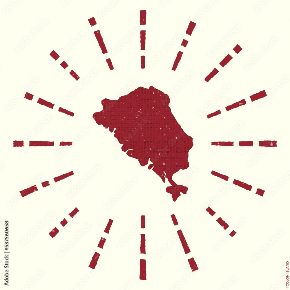 Poster colon island logo. grunge sunburst poster with a map of the island. the shape of colon island is fil