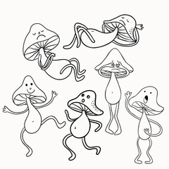 Black and white mushrooms set. Dancing and sleeping champignons. Running and crying fungus. Black and white line clip art
