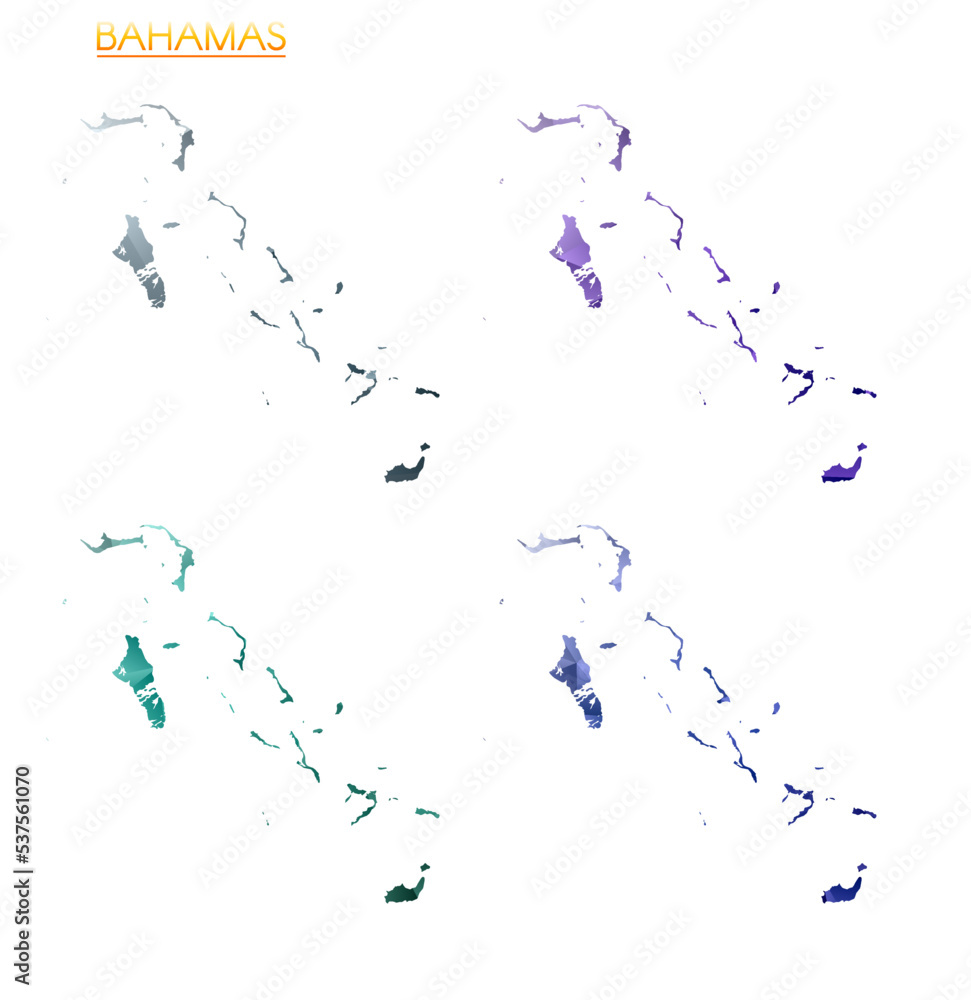Poster set of vector polygonal maps of the bahamas. bright gradient map of the country in a low poly style.