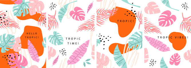 Poster set with colorful abstract tropical leaves, doodles and dots. Stylish design for background, wallpaper, cover, clothing, packaging, fabric. Summer design. Modern design.