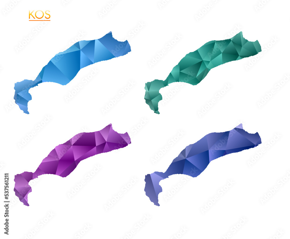 Poster set of vector polygonal maps of kos. bright gradient map of the island in a low poly style. multicol